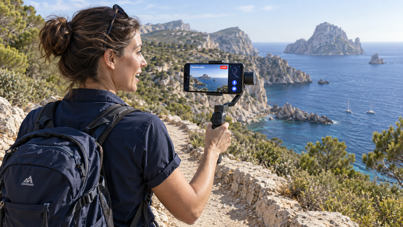 Le guide filme un paysage côtier depuis un stabilisateur de smartphone