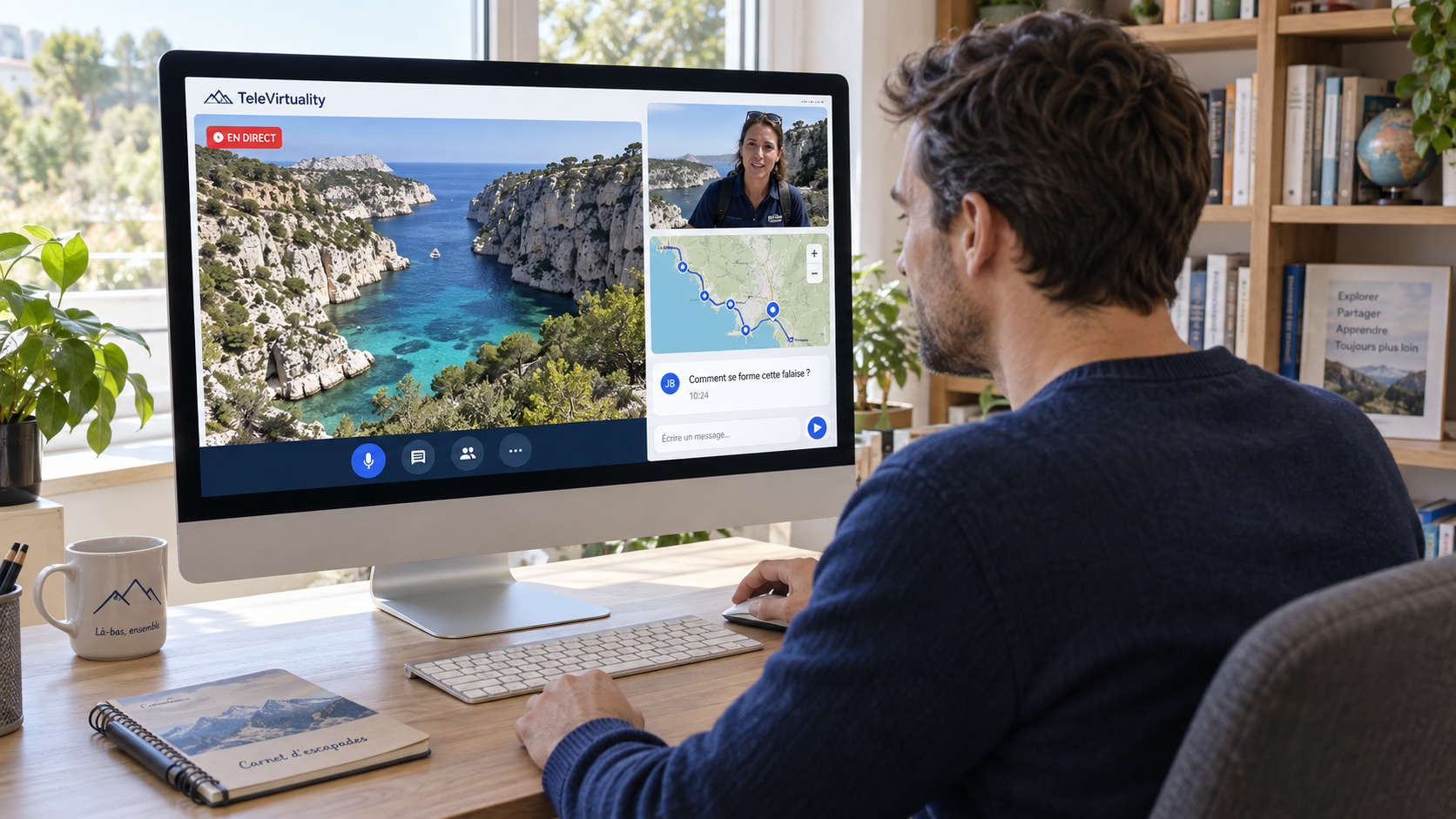 Un participant suit la visite en direct depuis son ordinateur, avec la carte et la conversation