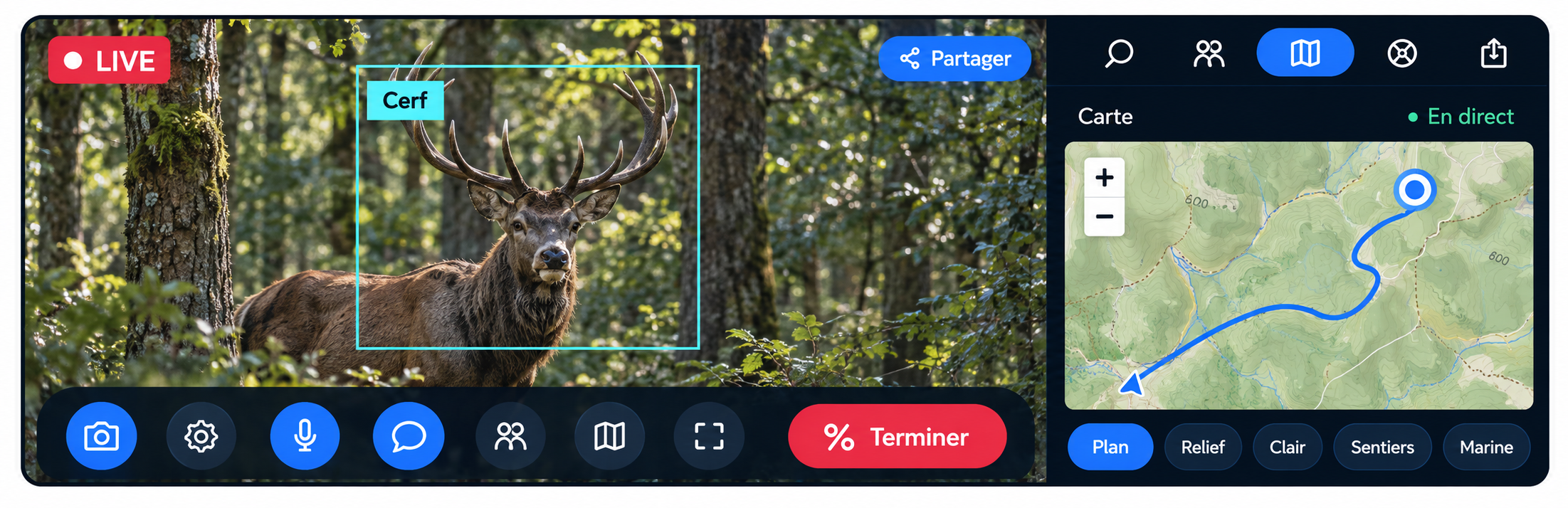 Interface TeleVirtuality : reconnaissance du cerf en direct et carte du parcours